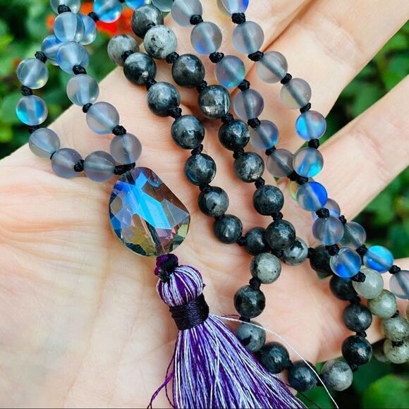 Spiritual Mystery Gemstone Mala Necklace Labradorite and Mermaid Glass - Picture 4 of 6